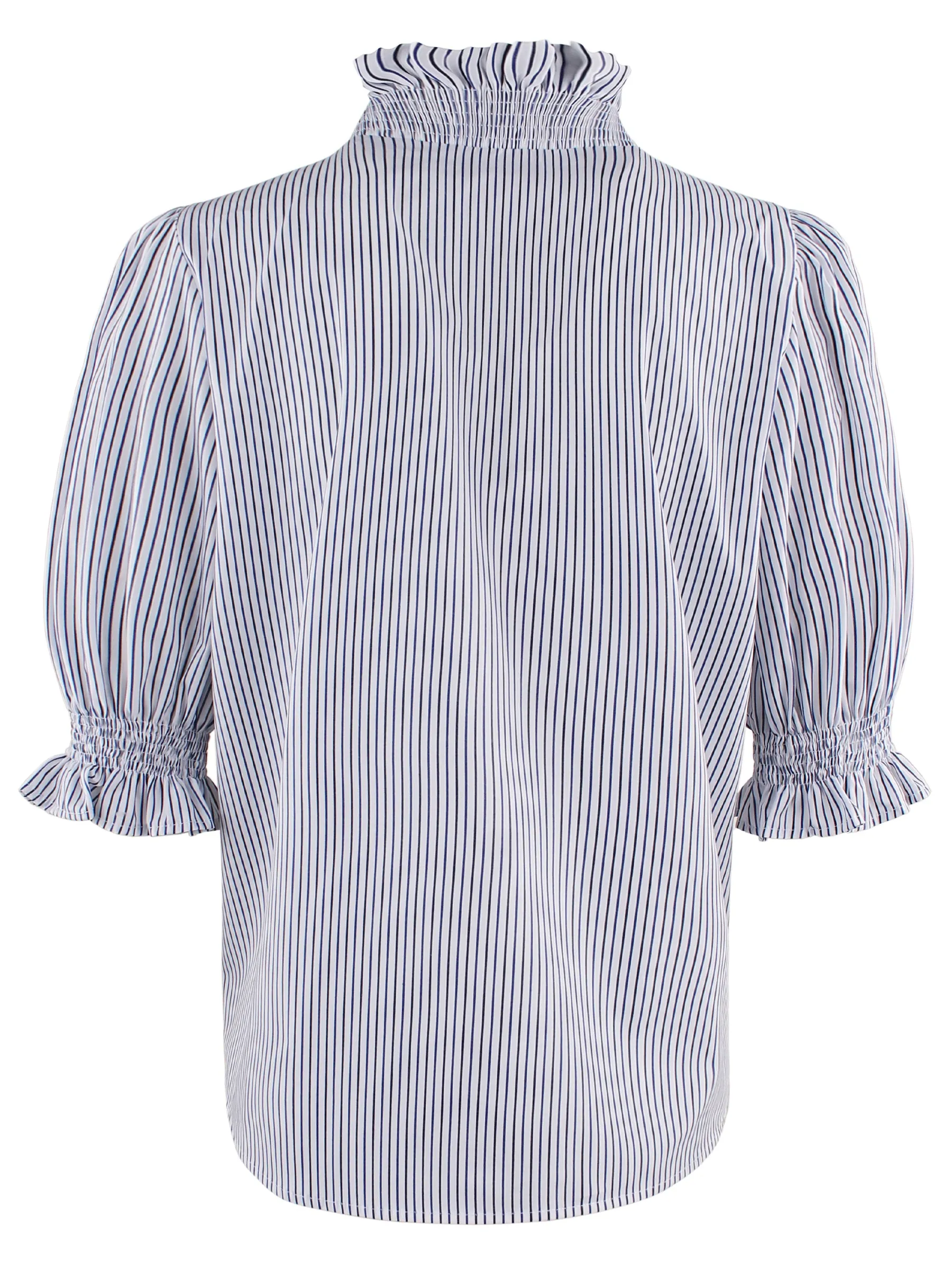 Cici Shirt with Ruffle Collar & Sleeve, Blue & Black Stripe - Web Exclusive