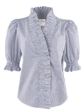 Cici Shirt with Ruffle Collar & Sleeve, Blue & Black Stripe - Web Exclusive