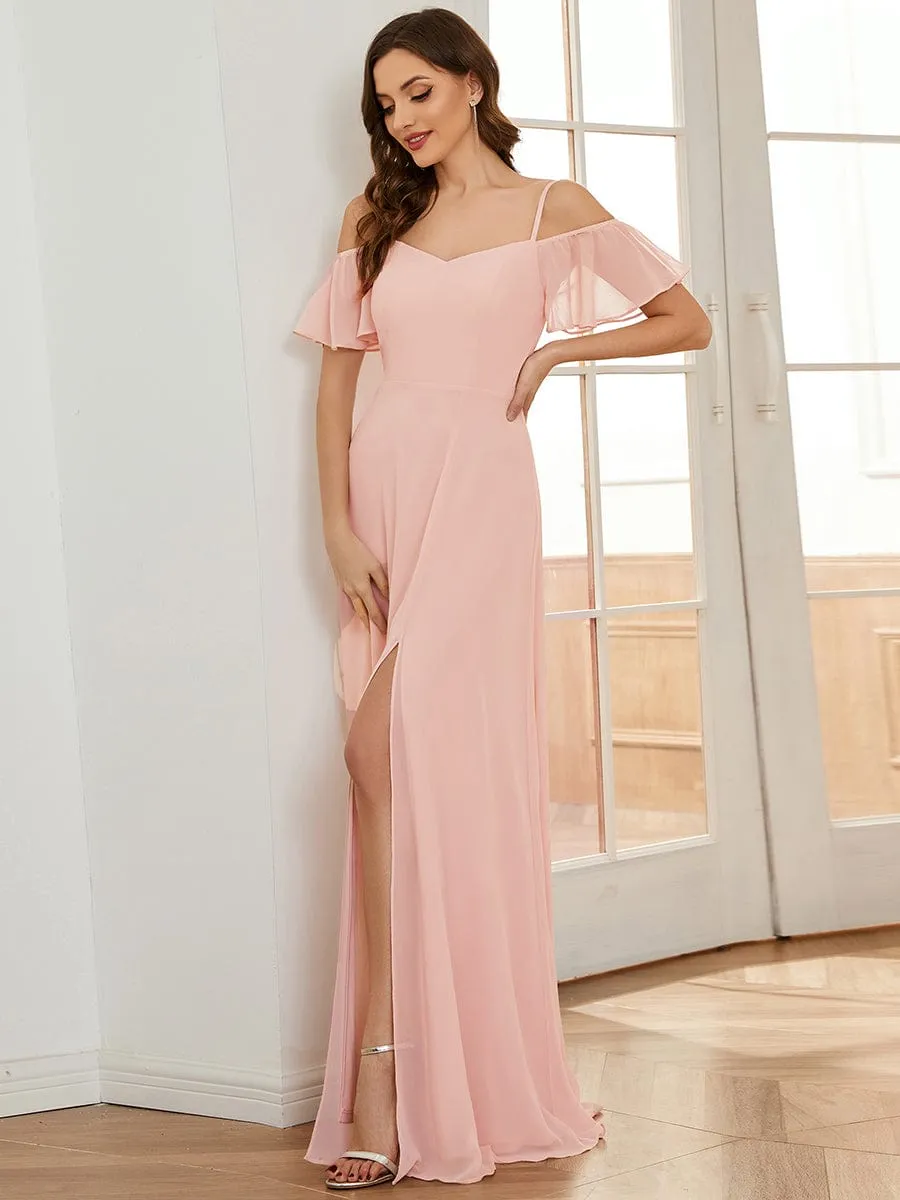 Cold Shoulder High Slit Chiffon Wedding Guest Dress