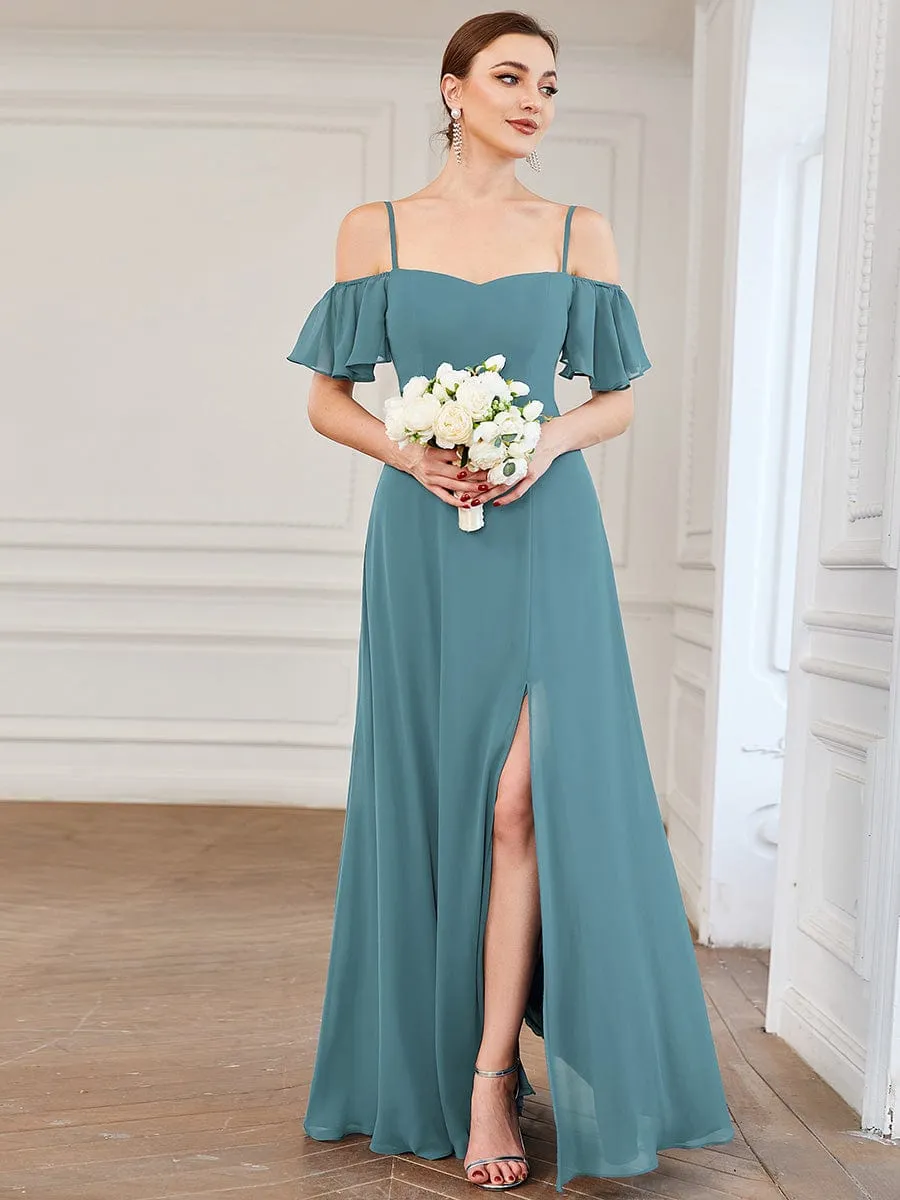 Cold Shoulder High Slit Chiffon Wedding Guest Dress