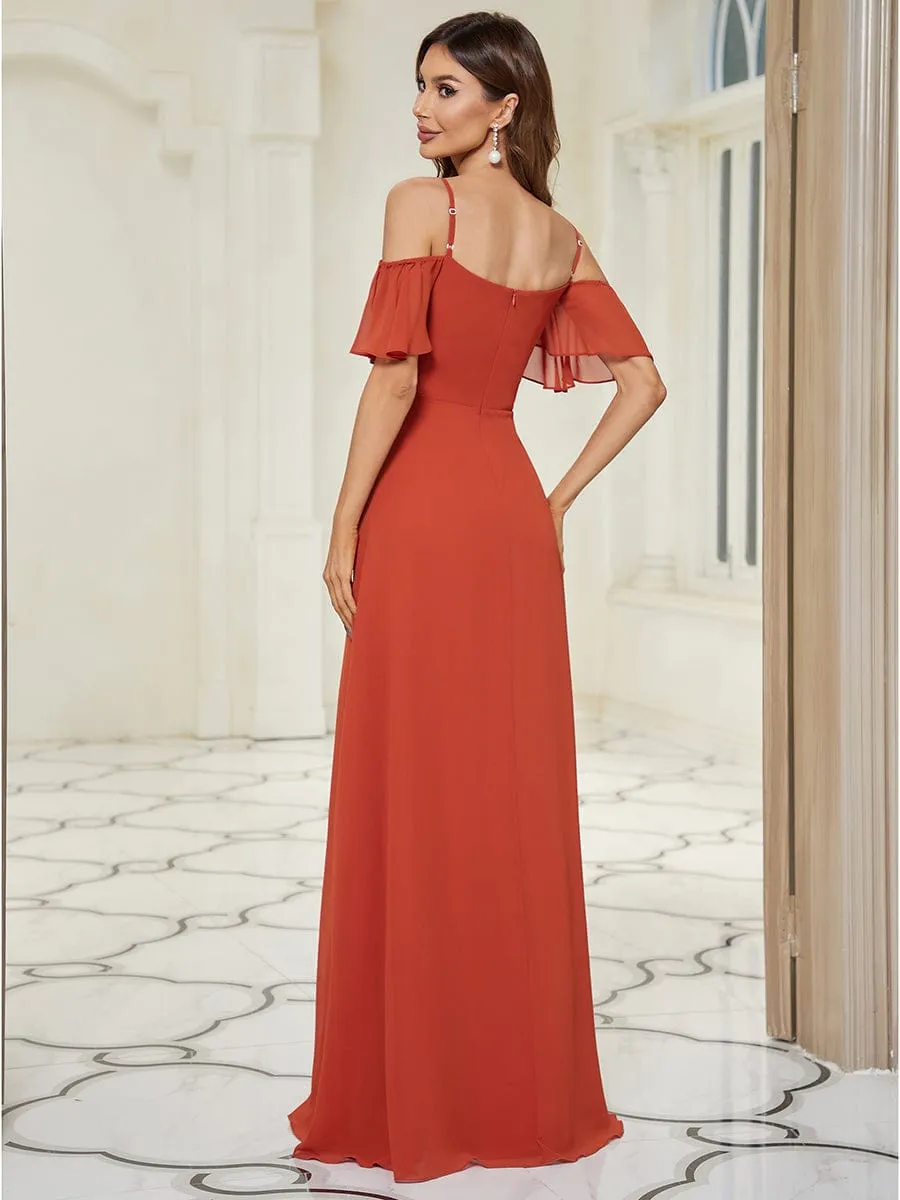 Cold Shoulder High Slit Chiffon Wedding Guest Dress