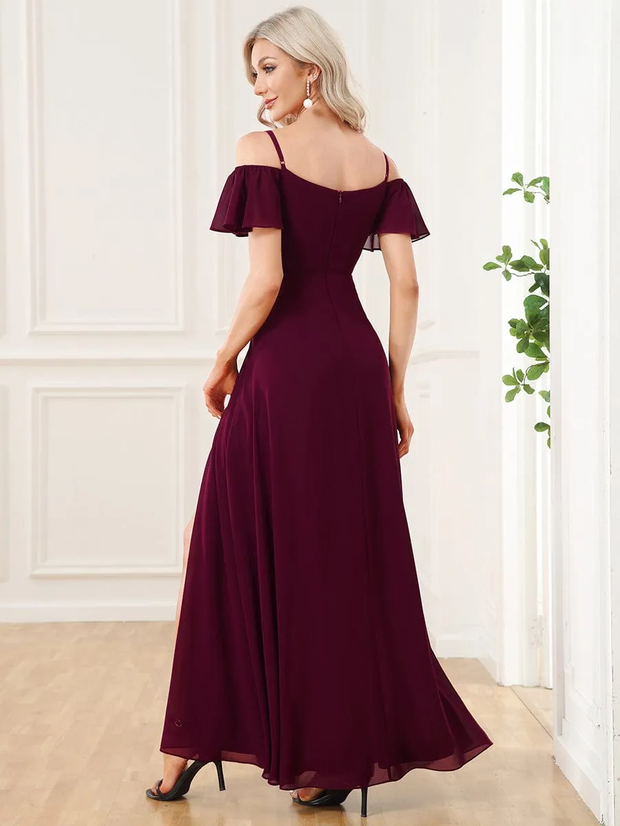 Cold Shoulder High Slit Chiffon Wedding Guest Dress