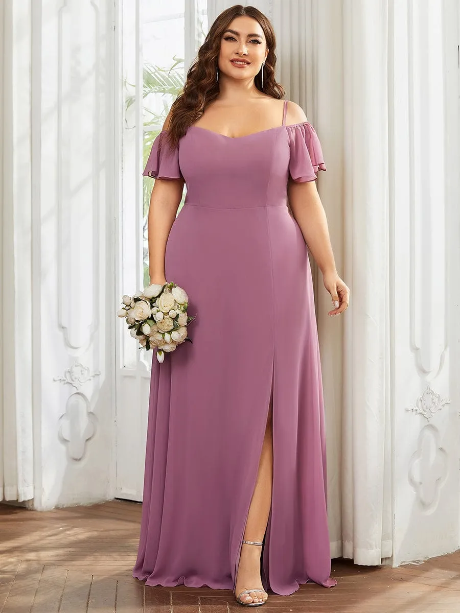 Cold Shoulder High Slit Chiffon Wedding Guest Dress