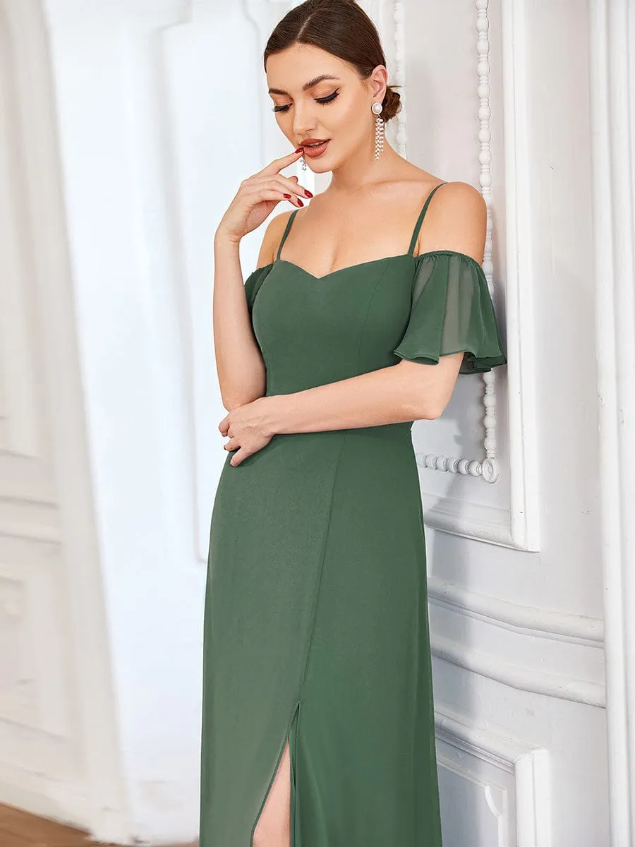 Cold Shoulder High Slit Chiffon Wedding Guest Dress