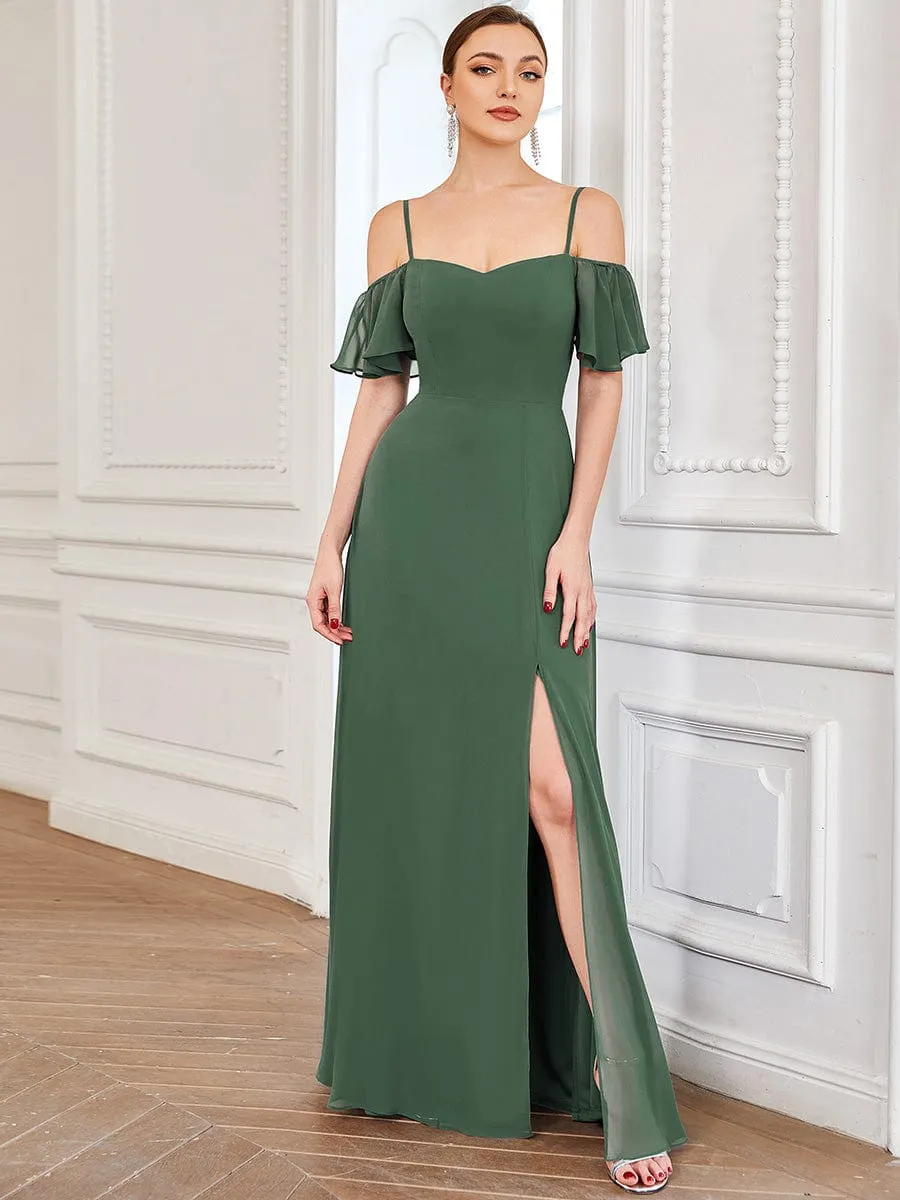 Cold Shoulder High Slit Chiffon Wedding Guest Dress