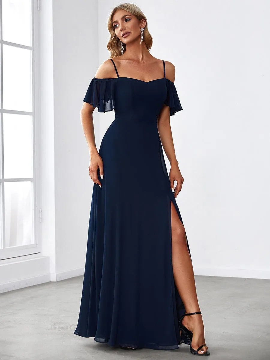 Cold Shoulder High Slit Chiffon Wedding Guest Dress