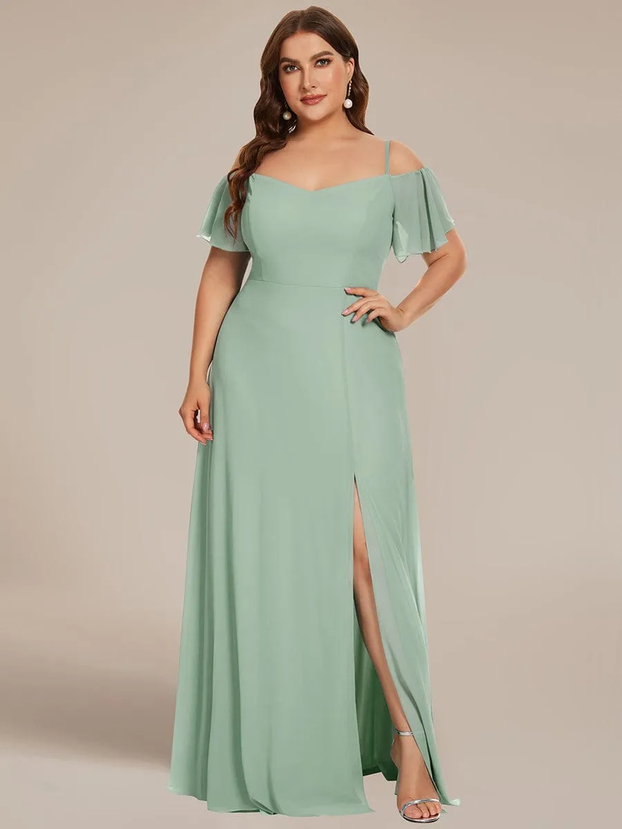 Cold Shoulder High Slit Chiffon Wedding Guest Dress