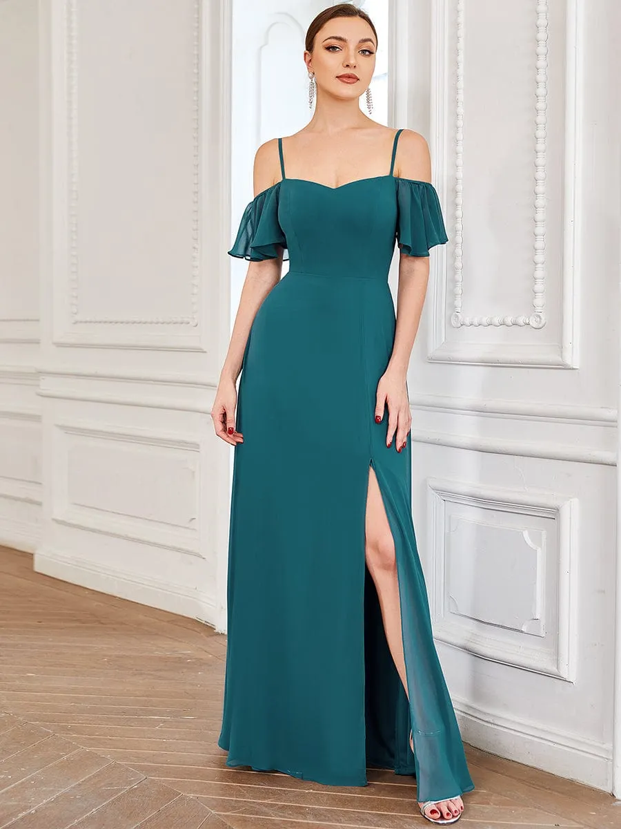 Cold Shoulder High Slit Chiffon Wedding Guest Dress