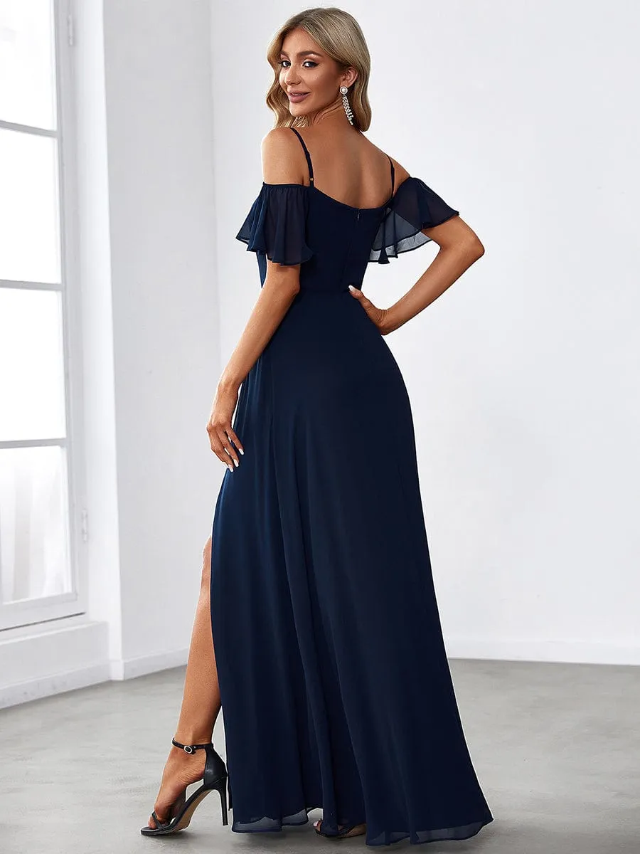 Cold Shoulder High Slit Chiffon Wedding Guest Dress