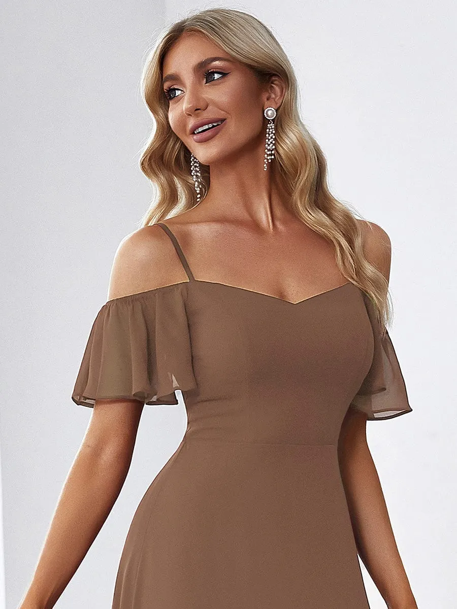 Cold Shoulder High Slit Chiffon Wedding Guest Dress