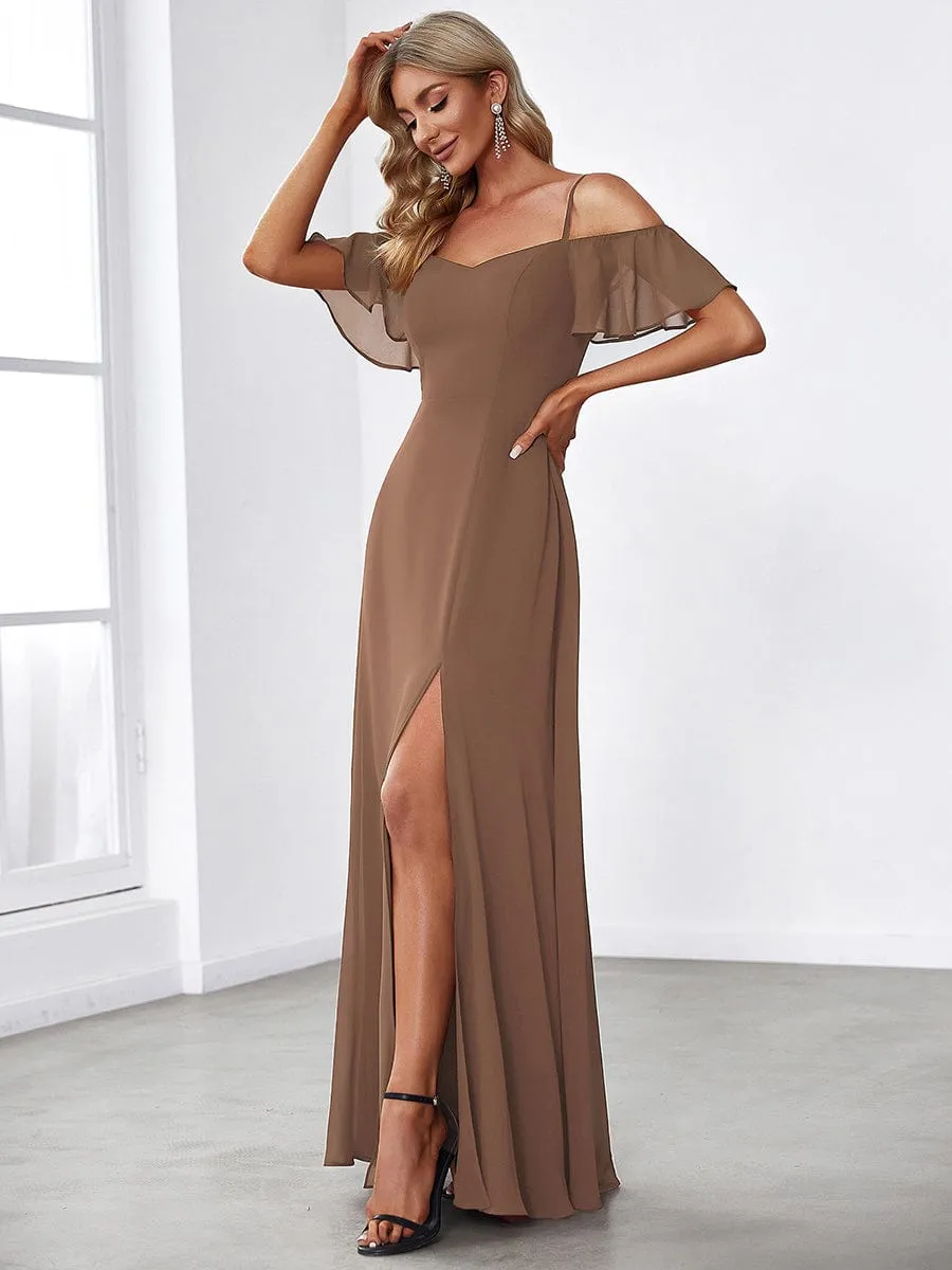 Cold Shoulder High Slit Chiffon Wedding Guest Dress