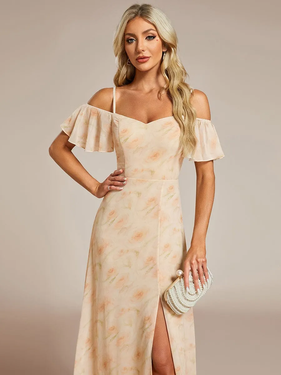 Cold Shoulder High Slit Chiffon Wedding Guest Dress