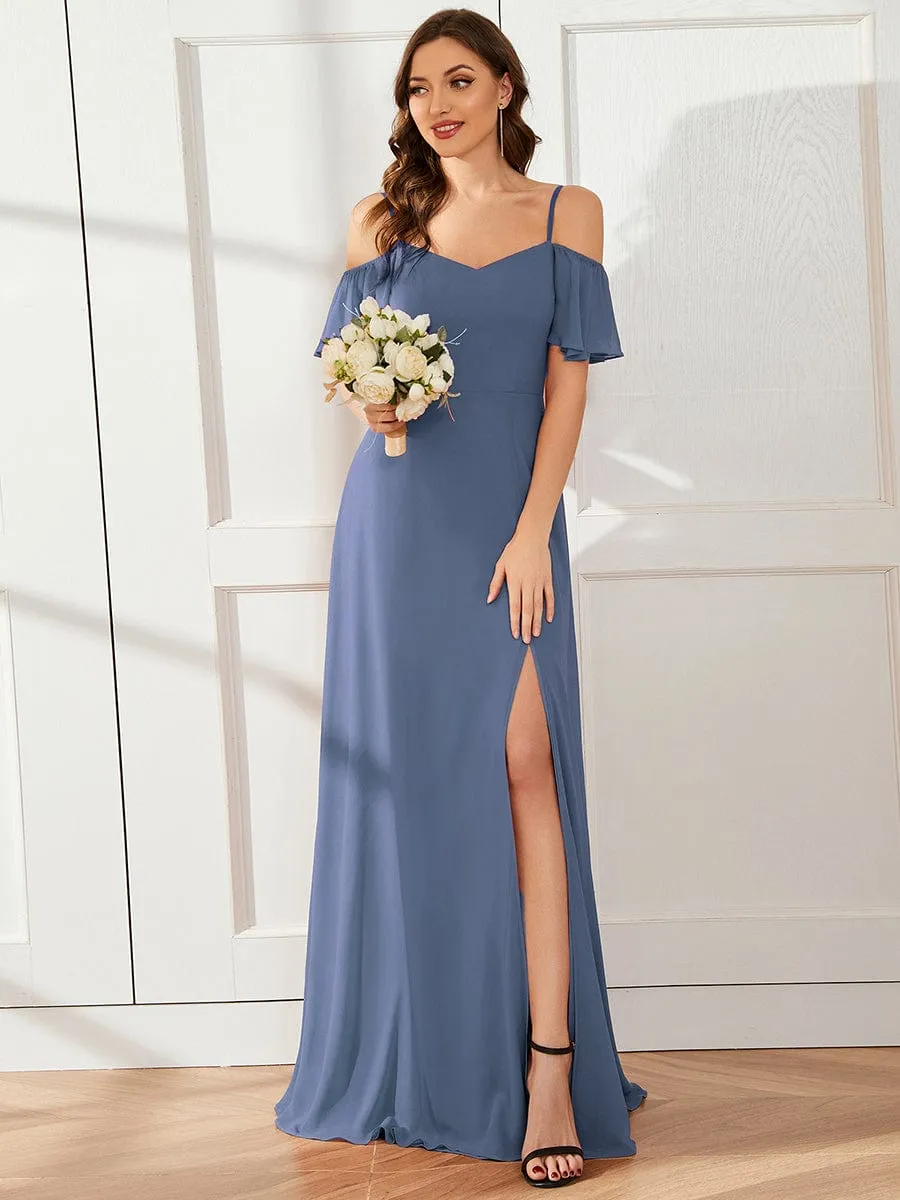 Cold Shoulder High Slit Chiffon Wedding Guest Dress