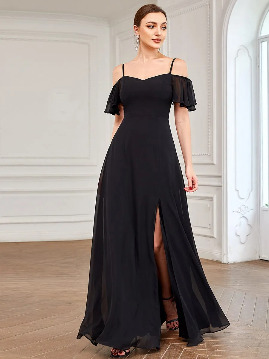 Cold Shoulder High Slit Chiffon Wedding Guest Dress