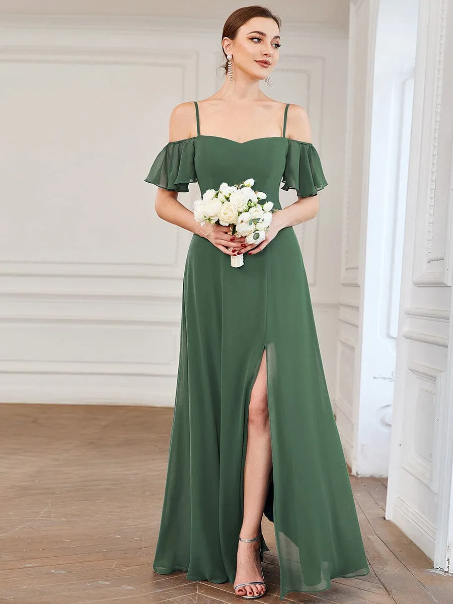 Cold Shoulder High Slit Chiffon Wedding Guest Dress