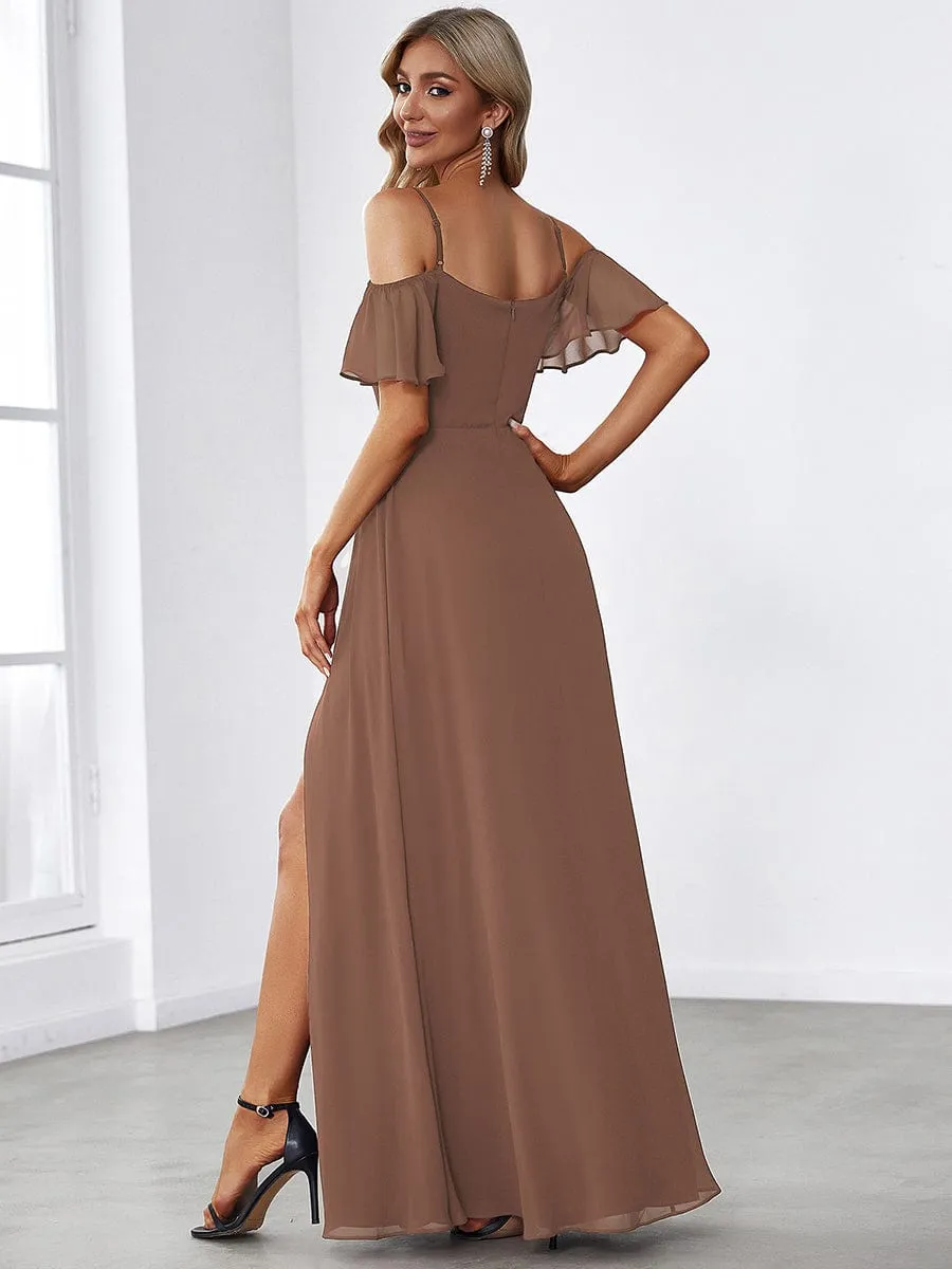 Cold Shoulder High Slit Chiffon Wedding Guest Dress