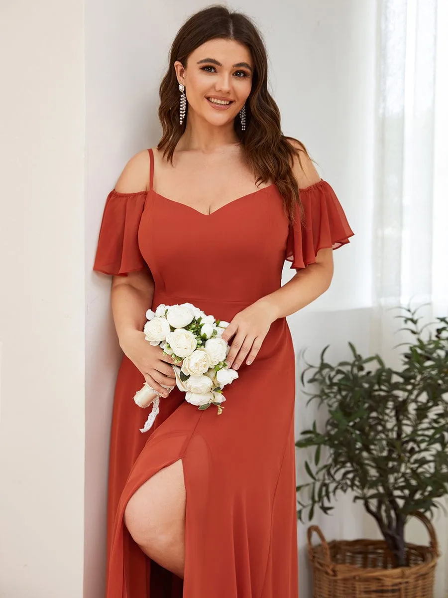 Cold Shoulder High Slit Chiffon Wedding Guest Dress