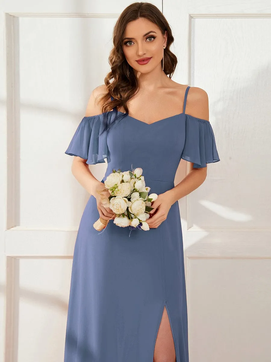 Cold Shoulder High Slit Chiffon Wedding Guest Dress