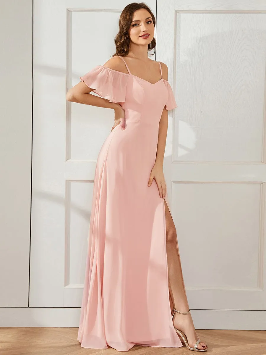 Cold Shoulder High Slit Chiffon Wedding Guest Dress