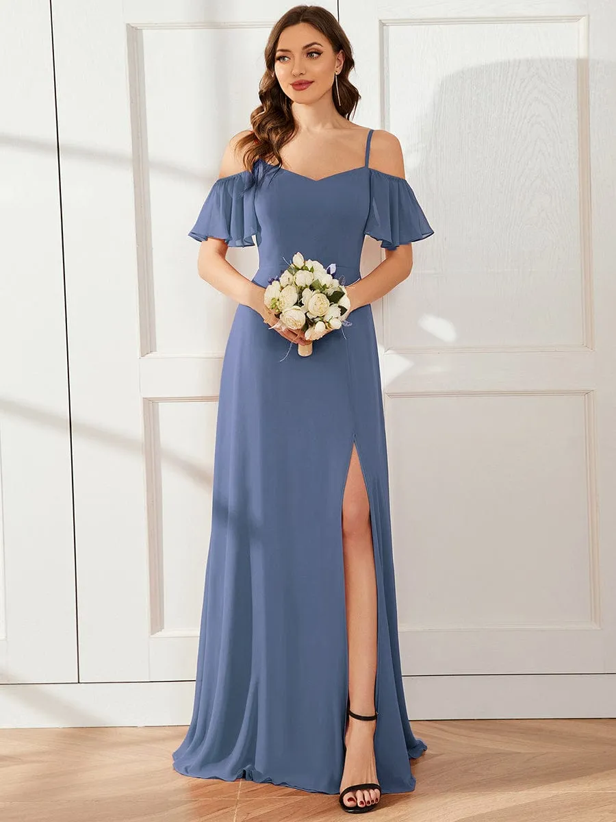 Cold Shoulder High Slit Chiffon Wedding Guest Dress