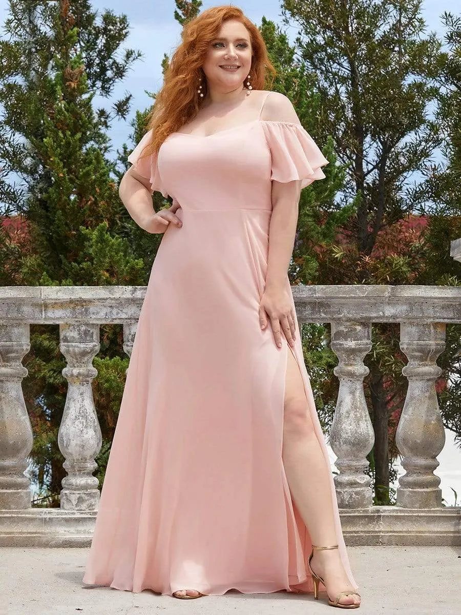 Cold Shoulder High Slit Chiffon Wedding Guest Dress