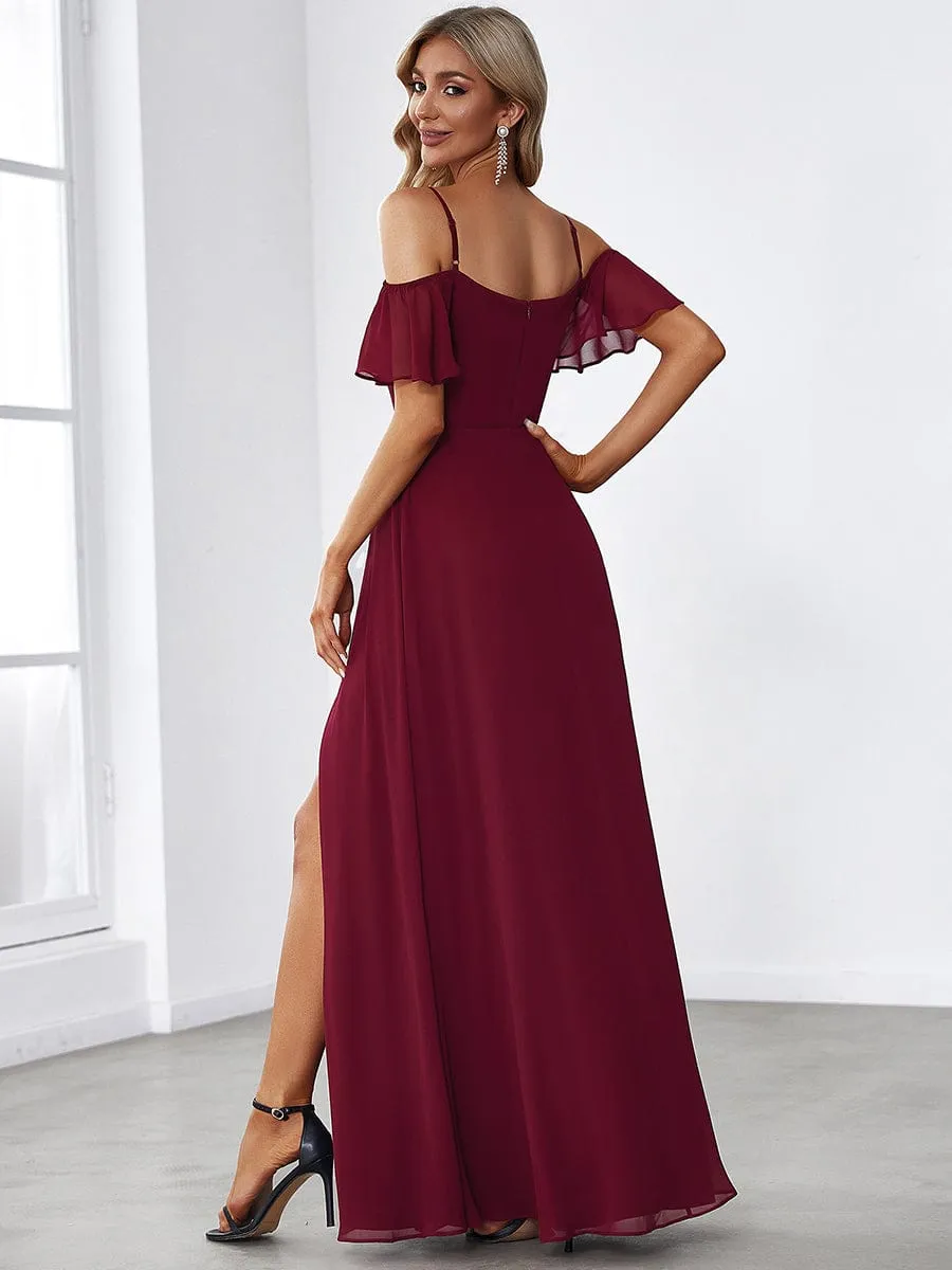 Cold Shoulder High Slit Chiffon Wedding Guest Dress