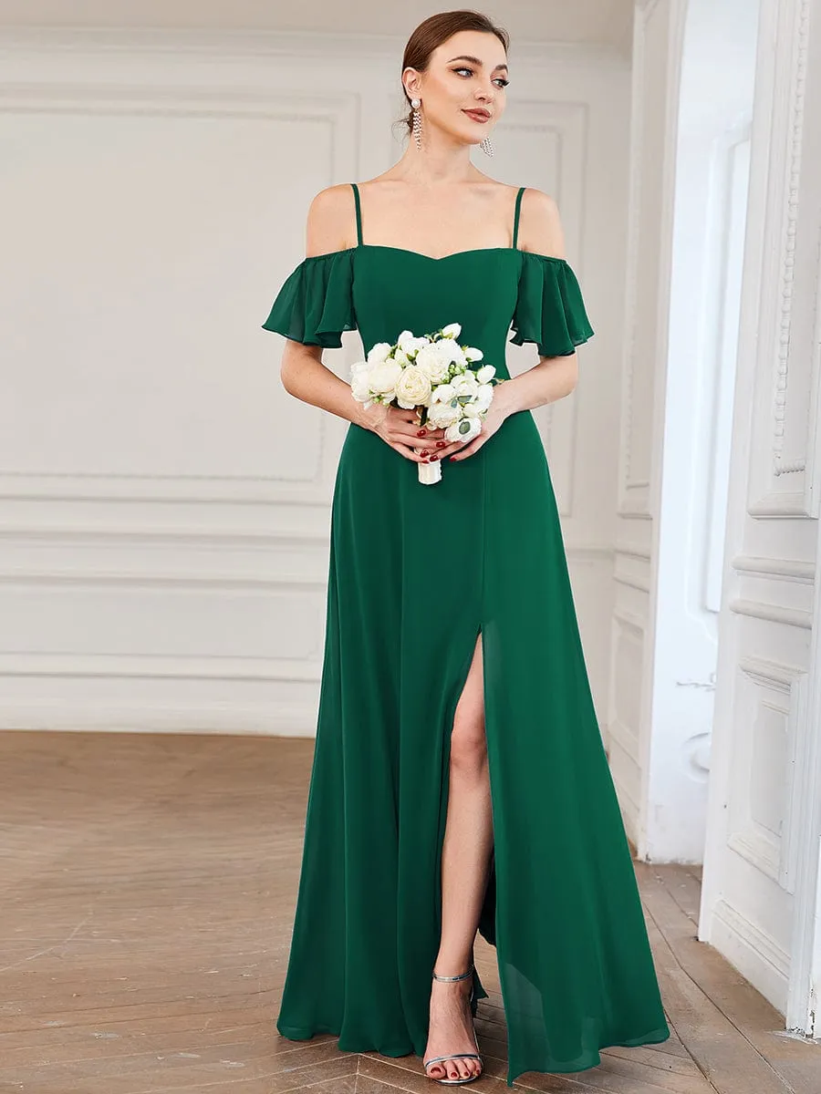 Cold Shoulder High Slit Chiffon Wedding Guest Dress