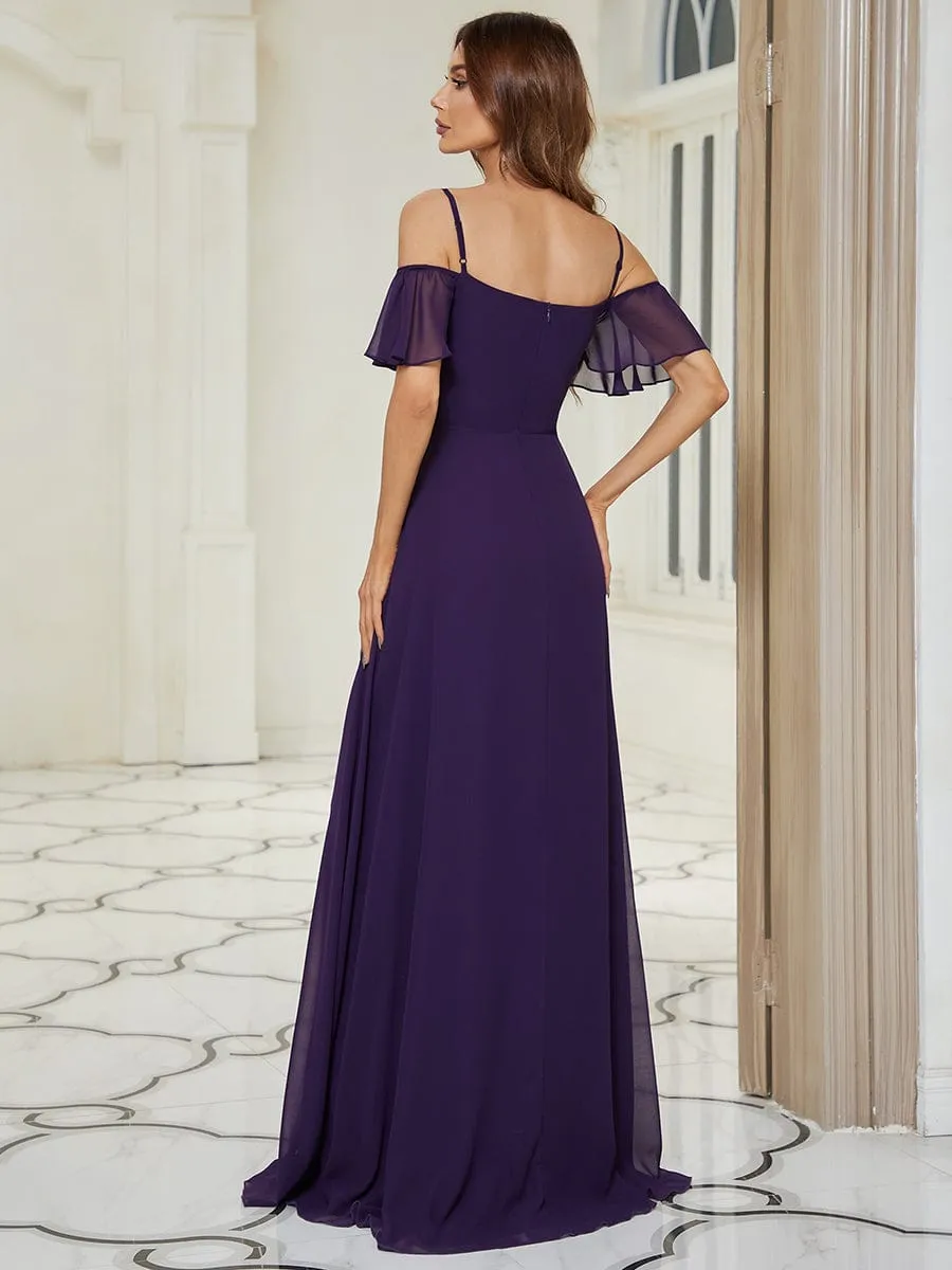 Cold Shoulder High Slit Chiffon Wedding Guest Dress