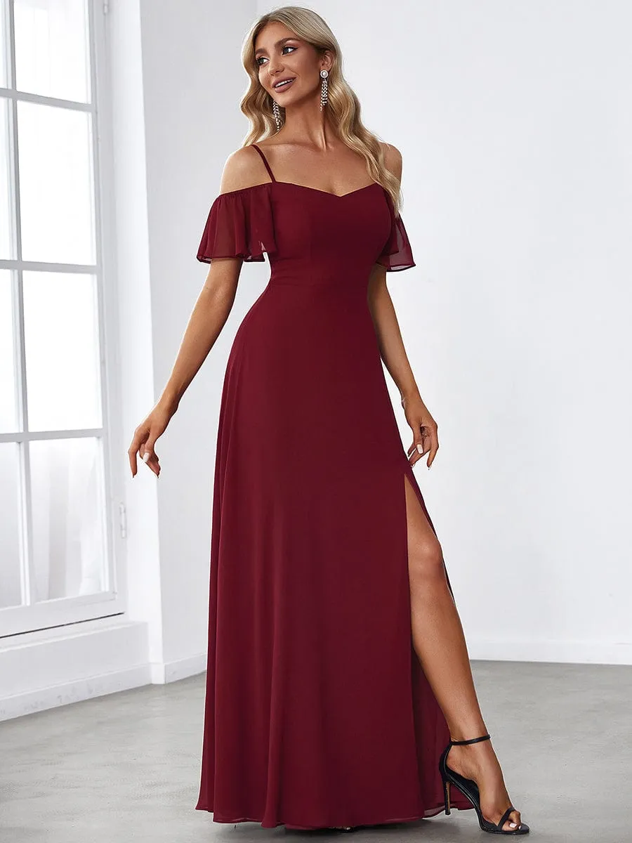 Cold Shoulder High Slit Chiffon Wedding Guest Dress