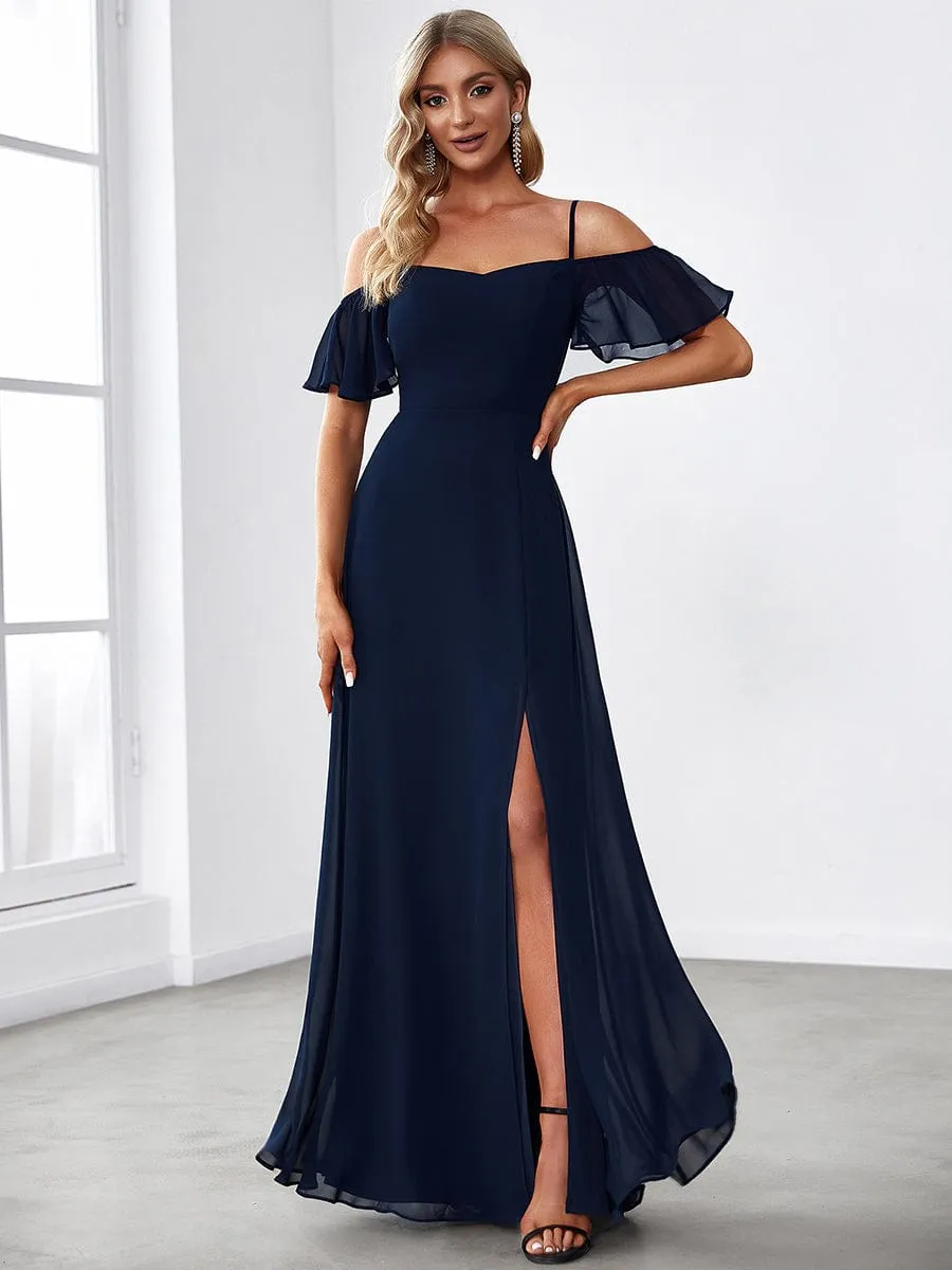 Cold Shoulder High Slit Chiffon Wedding Guest Dress