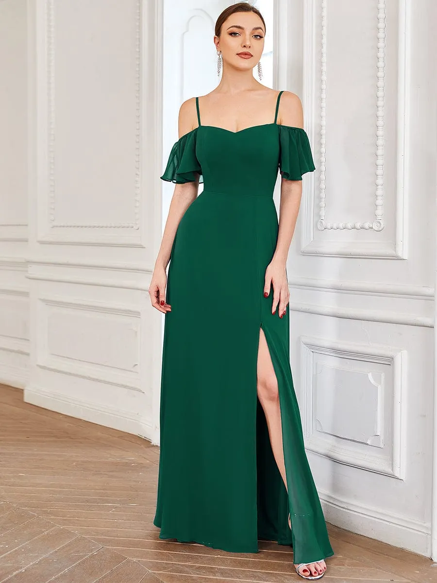 Cold Shoulder High Slit Chiffon Wedding Guest Dress