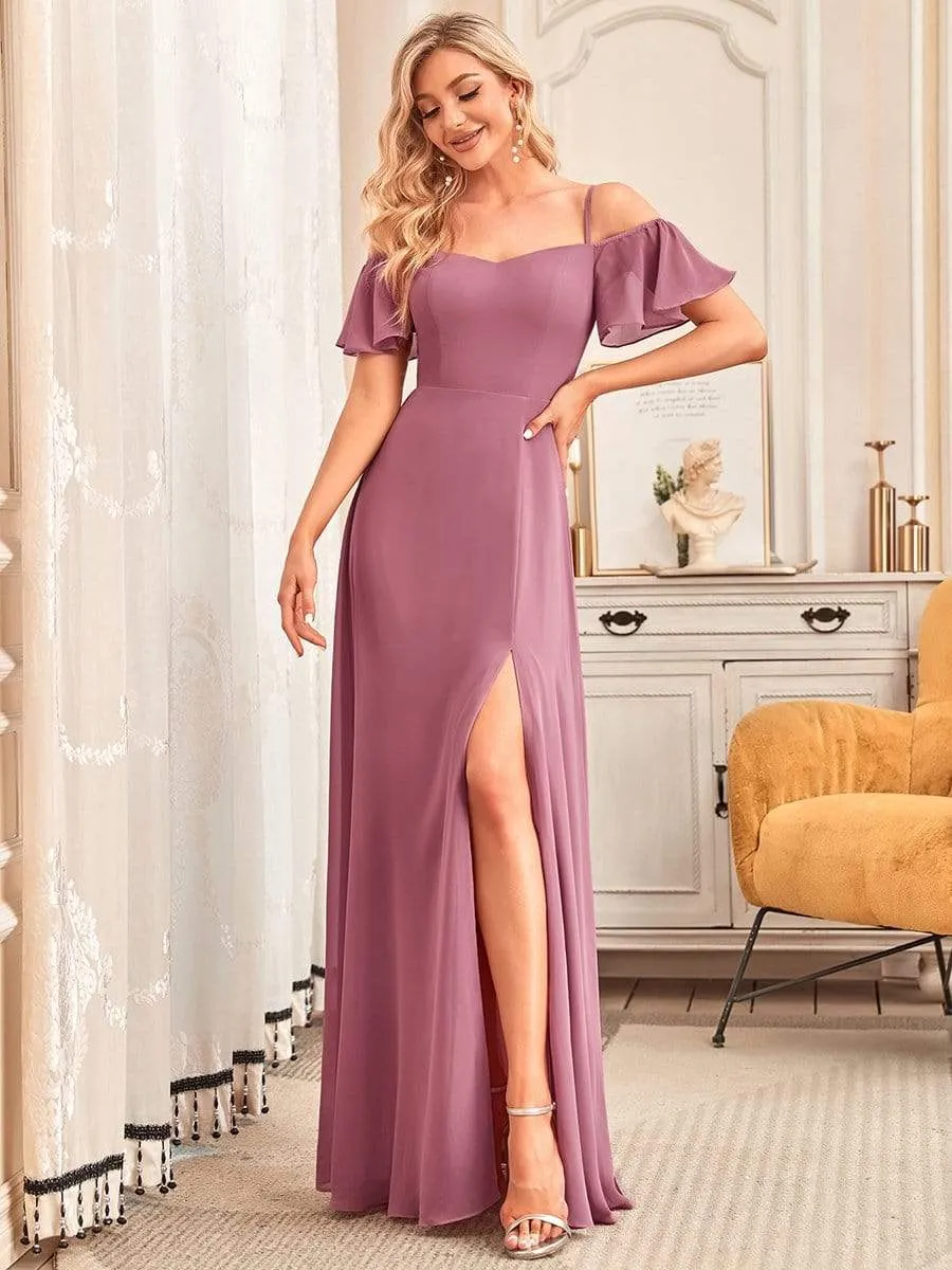 Cold Shoulder High Slit Chiffon Wedding Guest Dress