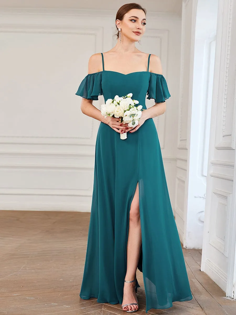 Cold Shoulder High Slit Chiffon Wedding Guest Dress