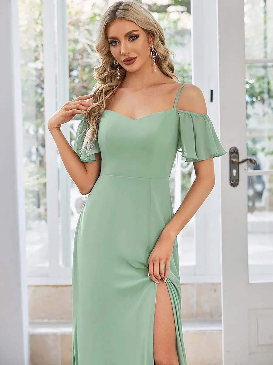 Cold Shoulder High Slit Chiffon Wedding Guest Dress