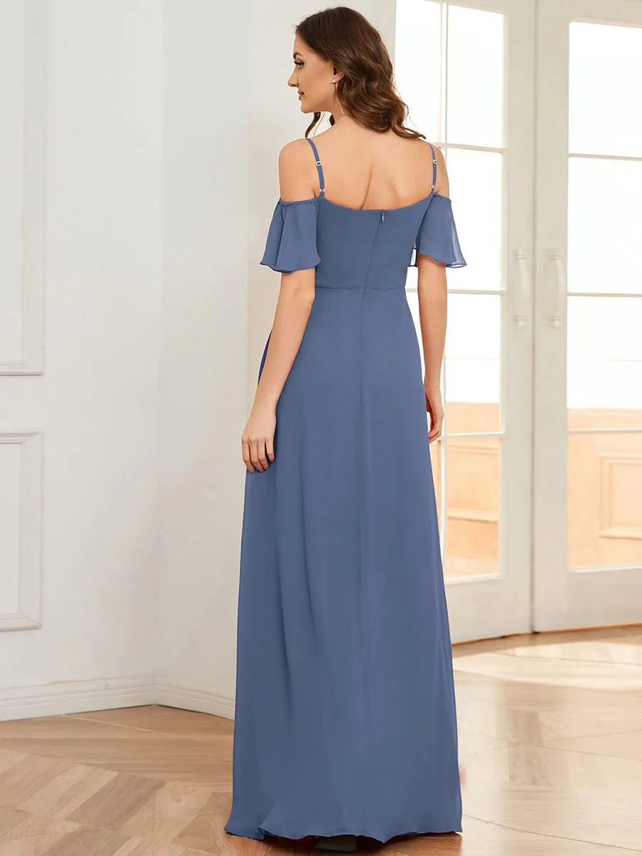 Cold Shoulder High Slit Chiffon Wedding Guest Dress