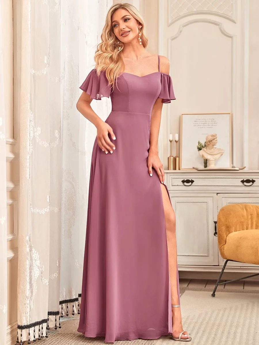 Cold Shoulder High Slit Chiffon Wedding Guest Dress