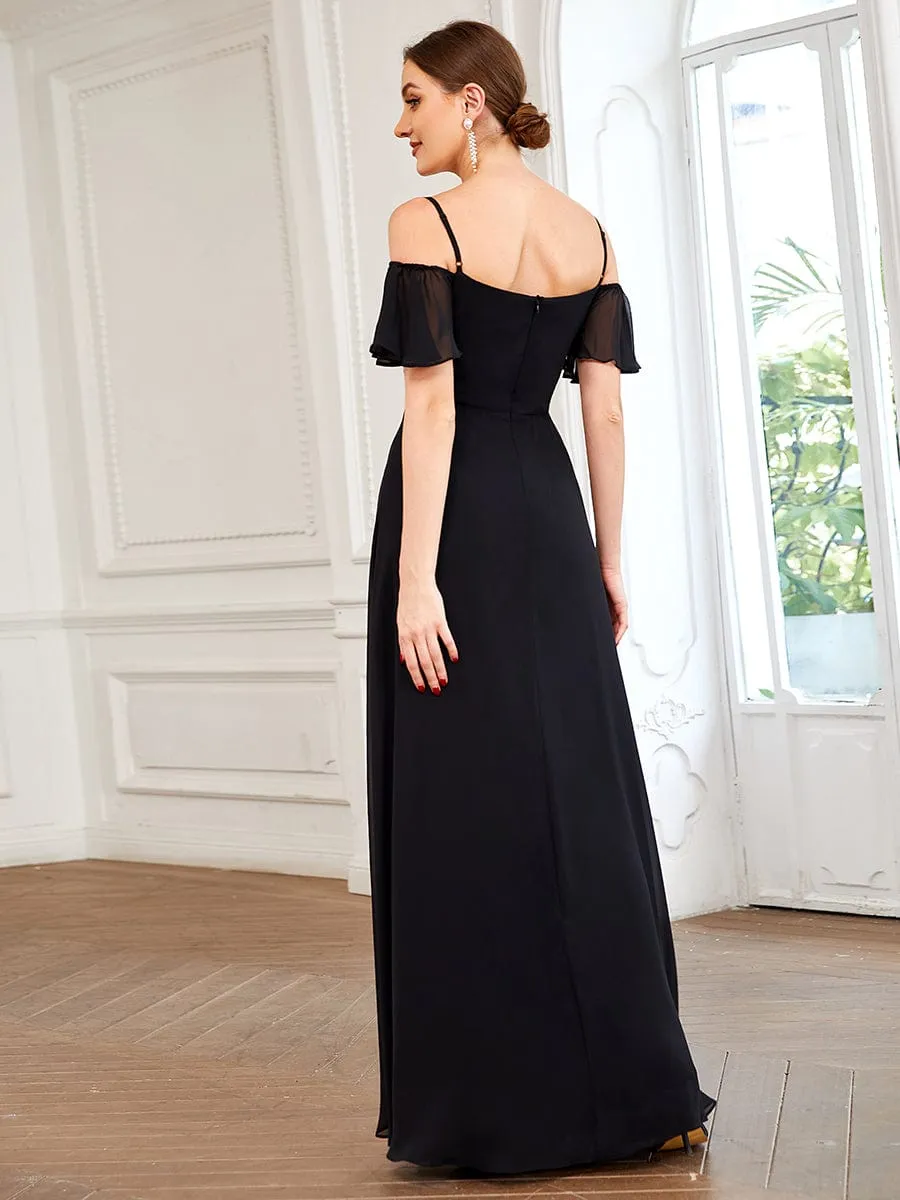 Cold Shoulder High Slit Chiffon Wedding Guest Dress