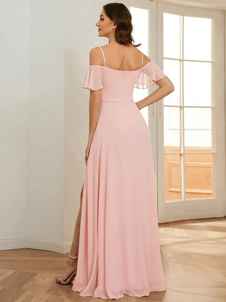 Cold Shoulder High Slit Chiffon Wedding Guest Dress