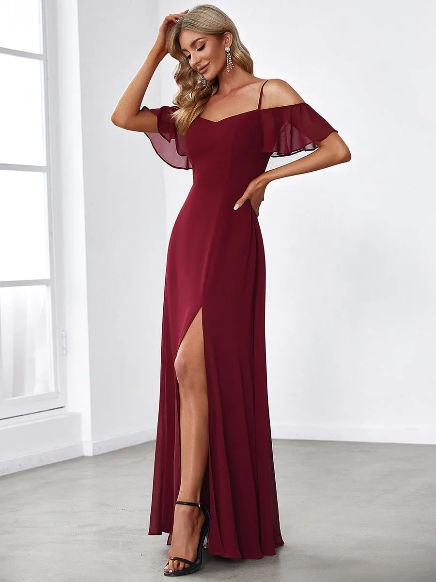 Cold Shoulder High Slit Chiffon Wedding Guest Dress