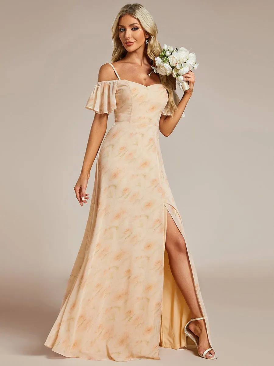 Cold Shoulder High Slit Chiffon Wedding Guest Dress