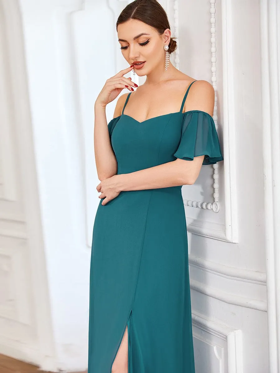 Cold Shoulder High Slit Chiffon Wedding Guest Dress