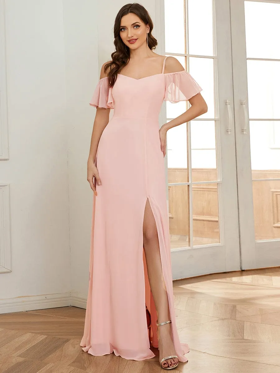 Cold Shoulder High Slit Chiffon Wedding Guest Dress