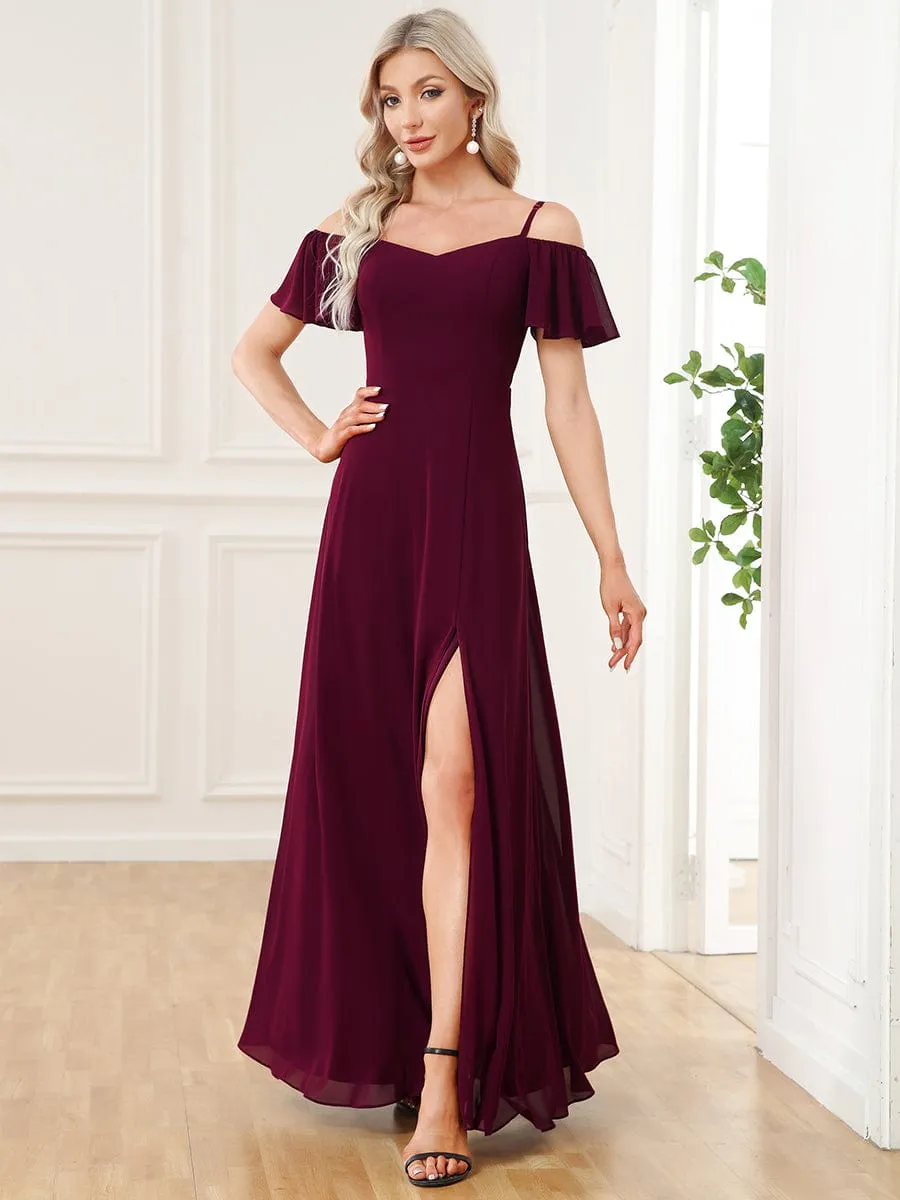 Cold Shoulder High Slit Chiffon Wedding Guest Dress