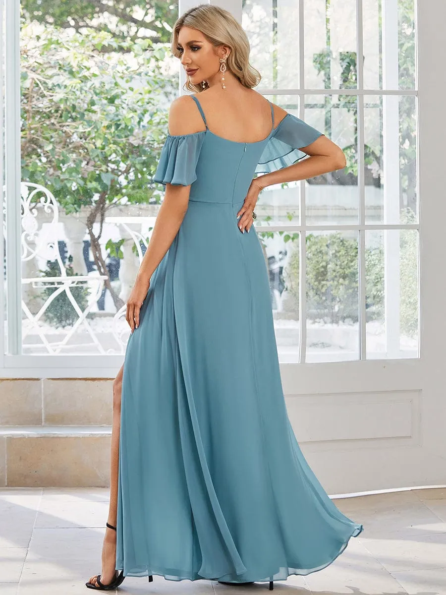 Cold Shoulder High Slit Chiffon Wedding Guest Dress