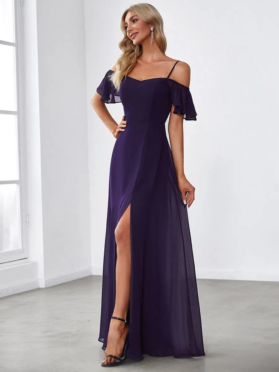 Cold Shoulder High Slit Chiffon Wedding Guest Dress