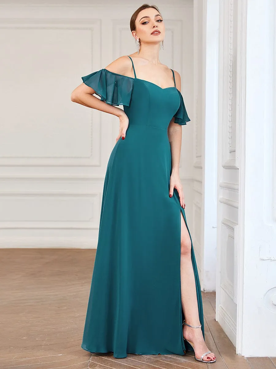 Cold Shoulder High Slit Chiffon Wedding Guest Dress