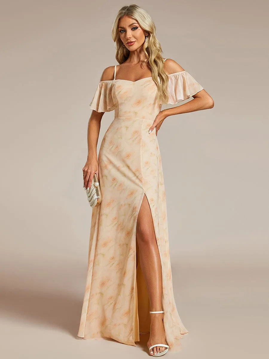 Cold Shoulder High Slit Chiffon Wedding Guest Dress