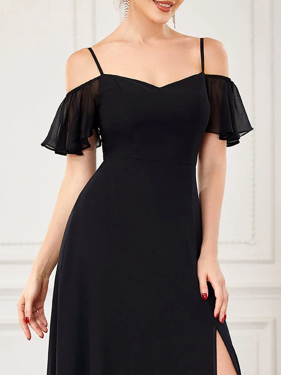 Cold Shoulder High Slit Chiffon Wedding Guest Dress