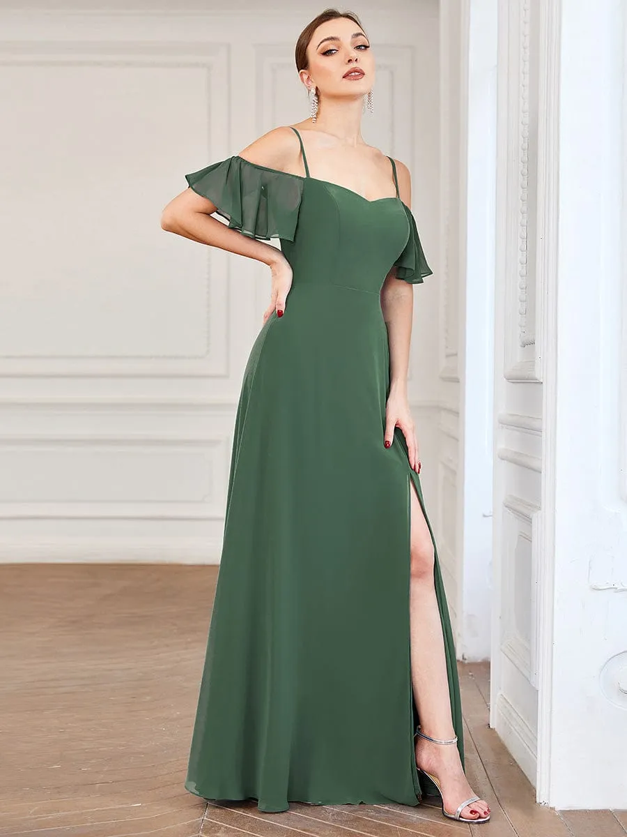 Cold Shoulder High Slit Chiffon Wedding Guest Dress