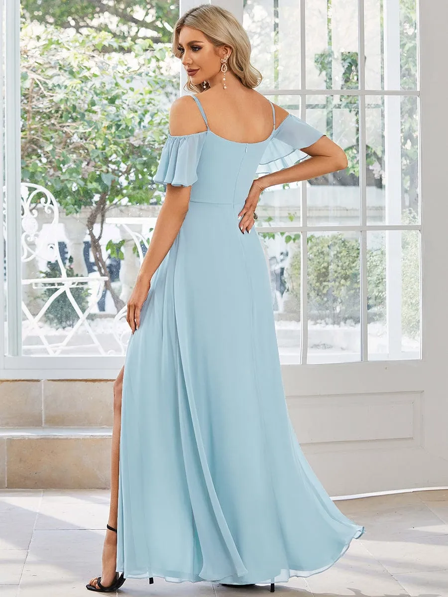 Cold Shoulder High Slit Chiffon Wedding Guest Dress